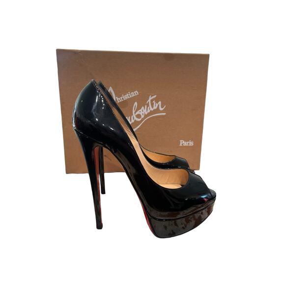Christian Louboutin Black Patent Leather Lady Peep Stiletto Heels 37.5 / US 7.5 - Picture 1 of 16